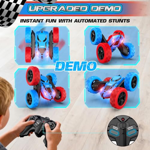 cosone Red Blue RC Stunt Car for Boys Girls | 360° Spinning Tricks, Double-Sided Driving, LED Lights, USB-C Rechargeable, One-Click Demo - color: Red&blue Pro