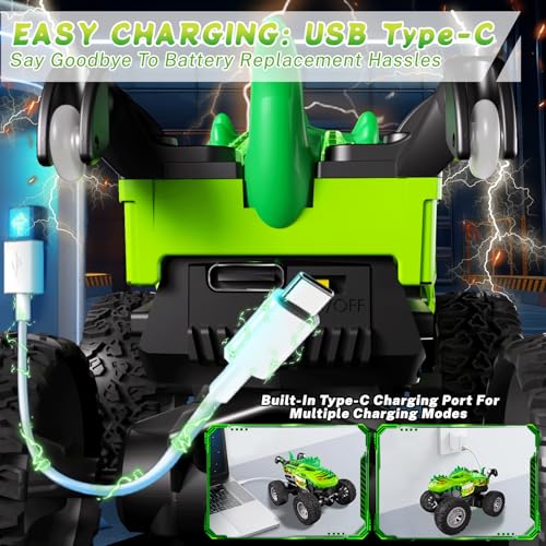 Monster Trucks Toys,2.4GHz Remote Control Car For Boys 4-7,Dinosaur Metal Shell & RGB Light,360° Spin & Walk Upright, With Built-In USB-C Rechargeable Battery,Christmas& Birthday Creativity Gifts.