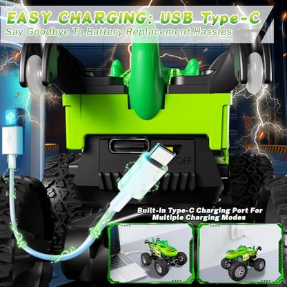 Monster Trucks Toys,2.4GHz Remote Control Car For Boys 4-7,Dinosaur Metal Shell & RGB Light,360° Spin & Walk Upright, With Built-In USB-C Rechargeable Battery,Christmas& Birthday Creativity Gifts.