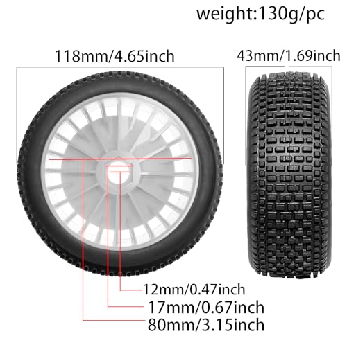 STMU OD 4.65inch 1/8 RC Buggy Rubber Tires Tyre w/Plastic Rim 17mm Hex Compatible with ArrmaTyphon 4WD ARA8306 ARA8606V5 Kyosho Exceed RC Traxxas Redcat HSP HPI 1/8 Scale Off Road Car Buggy (White)
