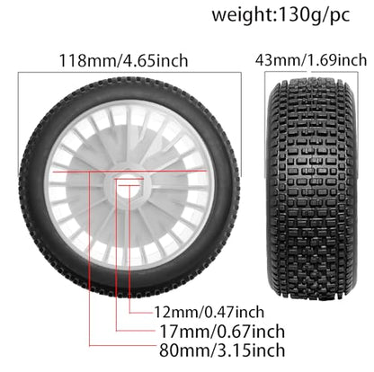 STMU OD 4.65inch 1/8 RC Buggy Rubber Tires Tyre w/Plastic Rim 17mm Hex Compatible with ArrmaTyphon 4WD ARA8306 ARA8606V5 Kyosho Exceed RC Traxxas Redcat HSP HPI 1/8 Scale Off Road Car Buggy (White)