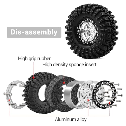 1.3" Pre-Assembled Beadlock Wheels and Tires 70mm (2.75in) for SCX24 TRX4M 1/18 1/24 RC Crawlers – Aluminum Rims, Soft Rubber Tires with Foam Inserts, Easy-Install Upgrade Parts (Silver) - color: Silver