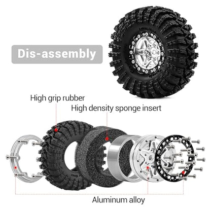1.3" Pre-Assembled Beadlock Wheels and Tires 70mm (2.75in) for SCX24 TRX4M 1/18 1/24 RC Crawlers – Aluminum Rims, Soft Rubber Tires with Foam Inserts, Easy-Install Upgrade Parts (Silver) - color: Silver
