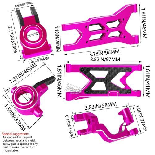 RC Carbon Fibre Front Rear Suspension Arms Rear Hubs Front Steering Block Knuckles & C-Hubs Caster Blocks Upgrades Parts for 1/10 Senton/Granite/Vorteks3S Blx & Mega 550 RC Car.Pink - color: Pink(for 1/10)