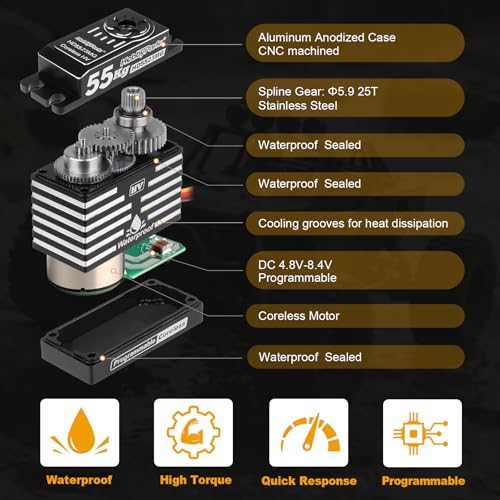HobbyPark Waterproof RC Servo High Torque Coreless Motor Metal Gear Digital Servo Aluminum Case Parts for 1/8 1/10 RC Crawler SCX10 TRX4 RC Truck RC Car Buggy Basher Control Angle 180° (55kg Torque)