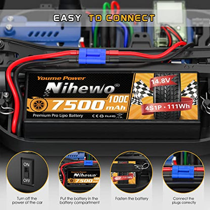 4S Lipo Battery EC5 14.8V 7500mAh Hardcase 2 Packs for RC Truck Boat | 4S 14.8V 7500mAh Hardcase Lipo Battery Pack 100C EC5 Connector for 1/5 1/6 1/7 RC Car Buggy Boat Airplane 2 packs included - style: 14.8V 7500mAh