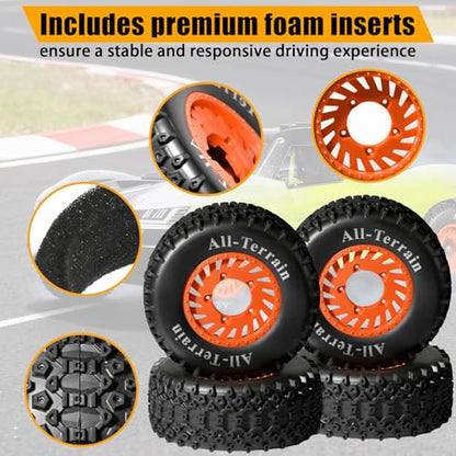 1/10 Short Course Truck Wheel Tires Set - 12mm/17mm Hex, Orange | All-Terrain Tires and Nylon Wheels Compatible with 1/10 Traxxas Slash 4WD 2WD Arrma Senton Axial Losi Redcat RC Buggy, 4-Pack - color: Orange