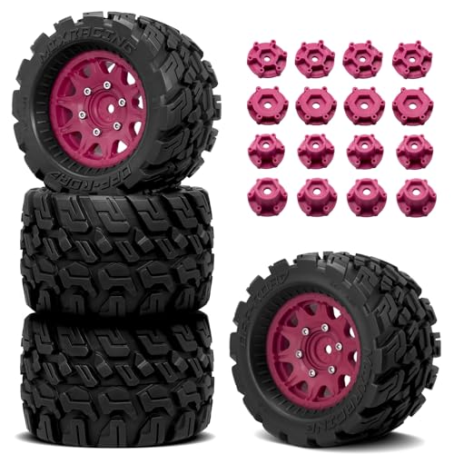 OGRC Wheels and Tires 12mm/14mm Hex RC Truck Tires with Foam Inserts for 1/10 Scale Arrma Granite Axial Losi Redcat Rc4wd RC Monster Truck Buggy (Red) - color: Red