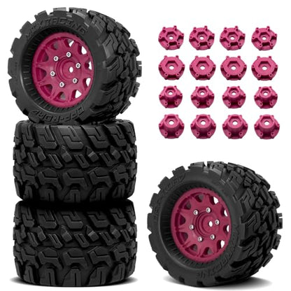 OGRC Wheels and Tires 12mm/14mm Hex RC Truck Tires with Foam Inserts for 1/10 Scale Arrma Granite Axial Losi Redcat Rc4wd RC Monster Truck Buggy (Red) - color: Red