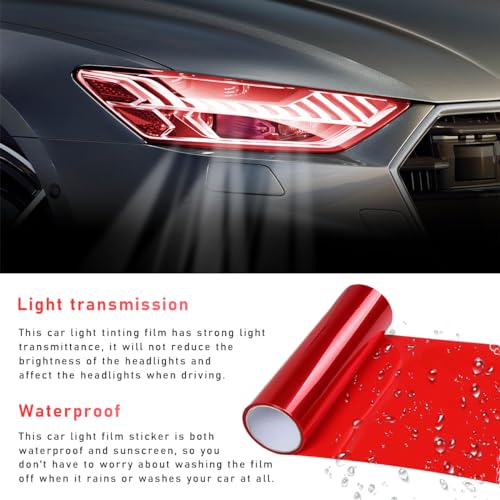 povtii Tint Vinyl Film Sticker Sheet Roll for Car Headlight, 12×48 Inch Auto Taillight Vinyl Wrap Film, Self Adhesive Fog Light Vinyl Film with Squeeze & Cutter, Car Accessories (Red) - color: Red