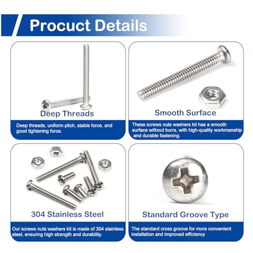 #4-40 Phillips Pan Head Machine Screws Nuts Assortment Kit, 3/16"-1" Length | 310Pcs, 304 Stainless Steel 18-8, UNC Fully Threaded, 9 Sizes for RC Models, 3D Printers, Robotics, Electronics Enclosures - size: #4-40