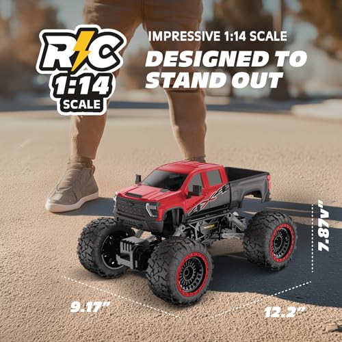 RC 4WD Heavy Metal Chevrolet Silverado Truck – 1:14 Scale Remote Control Car, Stamped Metal Body, 2.4GHz Full-Function Radio Control, USB Rechargeable, Ready to Run, Red