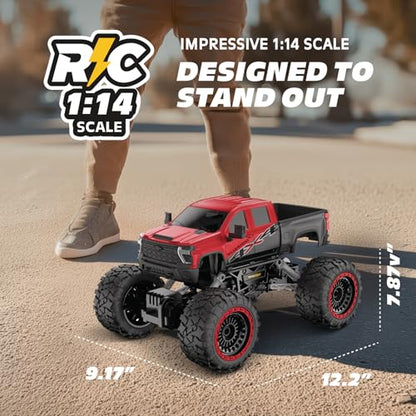 RC 4WD Heavy Metal Chevrolet Silverado Truck – 1:14 Scale Remote Control Car, Stamped Metal Body, 2.4GHz Full-Function Radio Control, USB Rechargeable, Ready to Run, Red