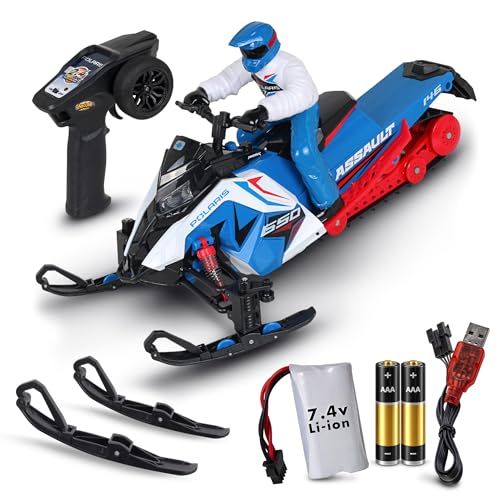 NKOK Polaris® Switchback Assault RC Snowmobile – 1:10 Scale, (Blue/Red) | 2 Ski Sets for Year-Round Fun, All-Terrain (Snow, Dirt, Grass, Sand & Pavement), USB Rechargeable, Ready-to-Run - color: Blue With Red
