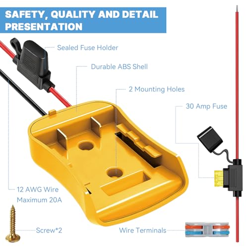 20V Adapter for Dewalt Battery Adapter for Power Wheels Upgrade Conversion Kit with Wire Connectors, Fuses, 12AWG Wire, Power Tool Drill Converter for Kids Car, RC Toy, DIY, Et (1 Pack)