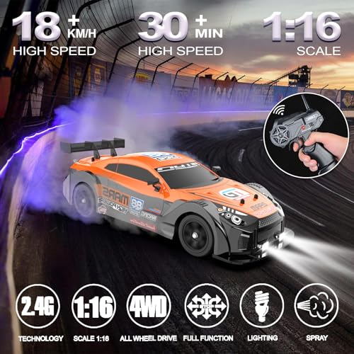 Remote Control Car RC Drift Car 1/16 Scale 4WD with LED Lights 2.4ghz 18km/H Rechargeable High Speed Drift Racing Sport Toy for Adults Boys Girls Kids Gift 2pcs Batteries and Extra Tires - color: D-orange