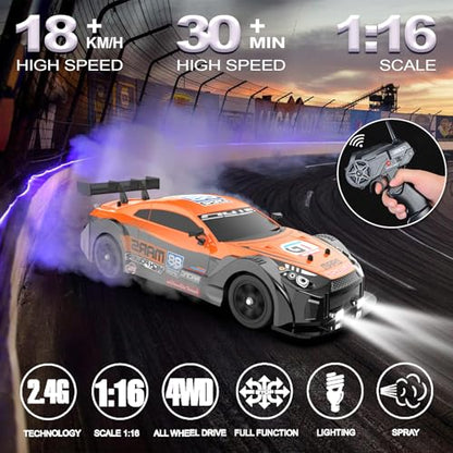 Remote Control Car RC Drift Car 1/16 Scale 4WD with LED Lights 2.4ghz 18km/H Rechargeable High Speed Drift Racing Sport Toy for Adults Boys Girls Kids Gift 2pcs Batteries and Extra Tires - color: D-orange