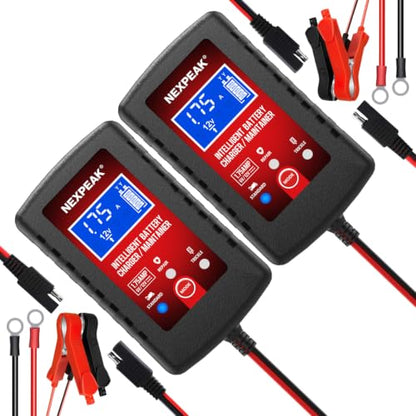 2-Pack 1.75A Car Battery Charger 6V &12V Battery Maintainer Trickle Charger | Fully automatic 6V/12V Battery Charger, LCD screen monitors real-time status, Multi-protection for cars, boats, motorcycles