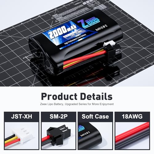 Zeee 2S Li-ion Battery 2000mAh 7.4V Battery SM 2P Connector (2 Pack) | with 7.4V Battery Charger Compatible with MN D90/91, MN 99/99s RC Cars, H101 H103 H105 RC Boat RC Truck