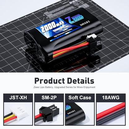 Zeee 2S Li-ion Battery 2000mAh 7.4V Battery SM 2P Connector (2 Pack) | with 7.4V Battery Charger Compatible with MN D90/91, MN 99/99s RC Cars, H101 H103 H105 RC Boat RC Truck