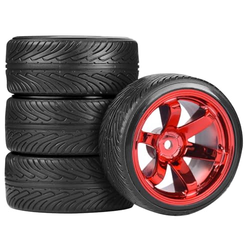 1/10 Drift Wheels and Tires Set,WONFAST 4PCS 63mm Plastic Hard Tyres 6-Spoke Wheels Rims 12mm Hex for 1:10 RC On-Road Drifting Car Replacement for HSP Tamiya HPI Kyosho (Red) - color: Red