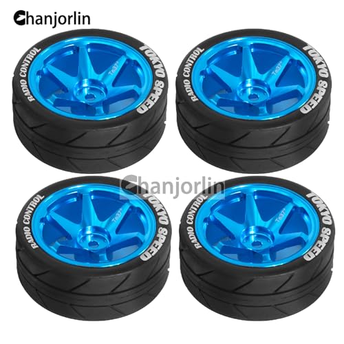 1/10 On Road Tires and Aluminum Wheels 12mm Hex RC Rally Racing Tyres OD 2.56" for Tamiya TT01 TT02 XV01 TA06 A959 PTG2 HPI KYOSHO PTG2 Traxxas 1:10 Street Touring Drift Car 4PCS (Blue) - color: Blue