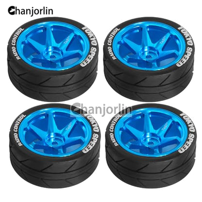 1/10 On Road Tires and Aluminum Wheels 12mm Hex RC Rally Racing Tyres OD 2.56" for Tamiya TT01 TT02 XV01 TA06 A959 PTG2 HPI KYOSHO PTG2 Traxxas 1:10 Street Touring Drift Car 4PCS (Blue) - color: Blue