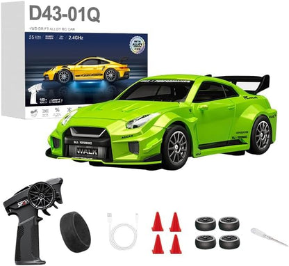 1:43 RC Drift Car 20KM/H with Gyro, 2.4G 4WD Full Proportional Alloy Sport Racing Car, Adjustable Speed, LED Lighting for Teens & Adults-D43-02 - color: Q3/Apple Green