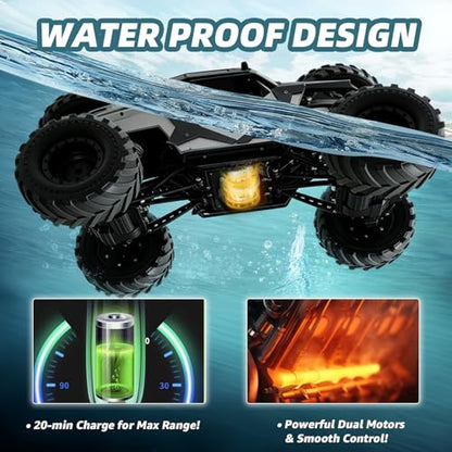 1:8 Large Amphibious RC Car for Kids 3+, Large 4WD Monster Truck | Water & Land Driving, LED Lights, 2.4GHz Control up to 260 FT, Rechargeable Waterproof All-Terrain Outdoor Gift