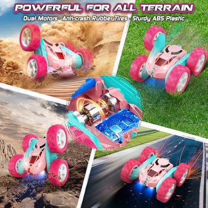 cosone Pink Remote Control Car for Girls | 2.4GHz RC Stunt Car, 360° Spins & Double Sided Driving, LED Lights, USB-C Rechargeable, One-Click Demo - color: Pink Pro