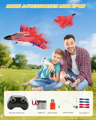 ANTSIR F22 RC Airplane for Kids Boys Adults Beginners Easy to Fly Toy Gift | Gyro Stabilizer, LED Lights, 2.4GHz 2 Channel, 2 Batteries EPP Foam RC Glider, 2.4GHz Remote Control Fighter Jet - color: Red F22-2 Batteries Kf