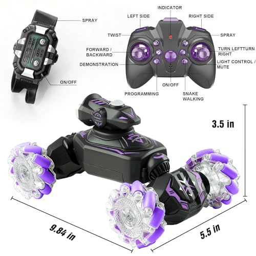 Gesture Sensing Remote Control Car, RC Cars Toys for Boys Age 6-12, 4WD Hand Controlled Twist & Transform 360° Spins Stunt Car with Mist, Light & Music, 8-10 Year Old Boys Birthday Gift Purple - color: Purple