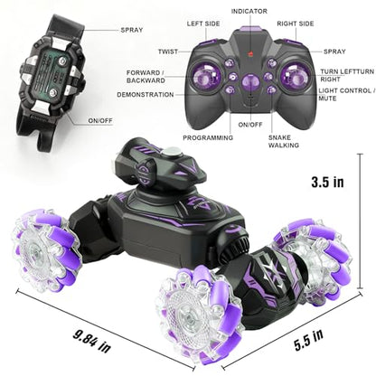 Gesture Sensing Remote Control Car, RC Cars Toys for Boys Age 6-12, 4WD Hand Controlled Twist & Transform 360° Spins Stunt Car with Mist, Light & Music, 8-10 Year Old Boys Birthday Gift Purple - color: Purple