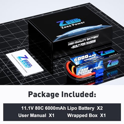 Zeee 11.1V 80C 3S 6000mAh Lipo Battery Hard Case Battery with EC5 Connector for RC 1/8 1/10 Scale Vehicles Car Trucks Boats(2 Pack)