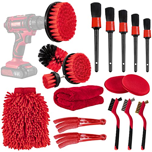 18 PCS Car Cleaning Tools Kit, Car Detailing Brush Set with Driller Attachment Set, Car Wash Kit, Car Cleaning Brushes for Cleaning Interior, Exterior, Wheels, Etc. (Red)