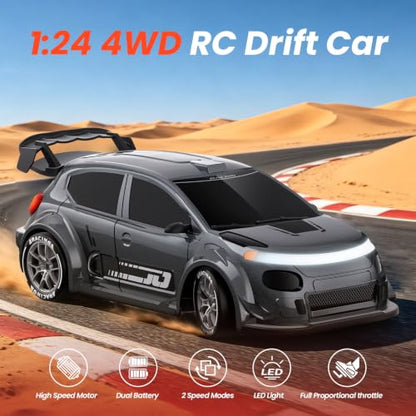 ACAMMZAR RC Drift Car, 1:24 Remote Control Car, 20KM/H 4WD Drift RC Cars with Lights, Extra Racing Tires, High Speed RC Cars for Kids Adults Boys Girls Beginners Indoor Outdoor - color: 819 Gray