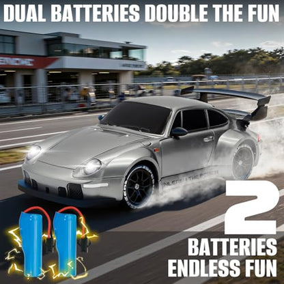 RC Drift Car,1:24 Scale Remote Control Car, 2.4GHz 20KM/H 4WD High Speed RC Cars for Kids with LED Light, Two Batteries,Drifting Tires,Racing Vehicle Toy for Adults Boys Girls Silver - color: Silver
