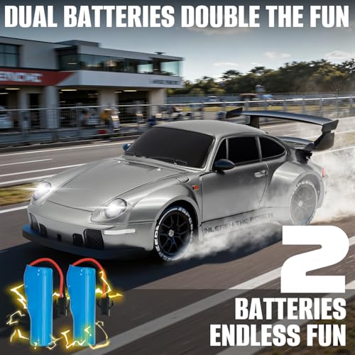 RC Drift Car,1:24 Scale Remote Control Car, 2.4GHz 20KM/H 4WD High Speed RC Cars for Kids with LED Light, Two Batteries,Drifting Tires,Racing Vehicle Toy for Adults Boys Girls Silver - color: Silver
