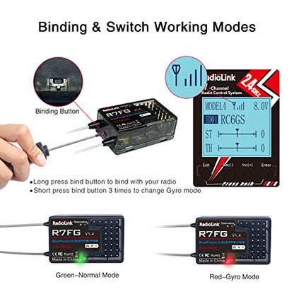 DTXMX RC6GS V3 7CH RC Transmitter & R7FG Receiver for Cars, Boats Radiolink | Gyro Receiver 7 Channels 2.4Ghz | Voltage Telemetry | 30 Models Storage
