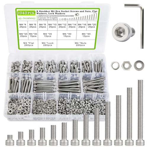 1040PCS M4 Nuts and Bolts Assortment Kit 4mm-45mm, 304 Stainless Steel M4 Screw Assortment, Hex Socket Head Cap Machine Screws Bolts and Nuts Kit Silver 4/6/8/10/12/14/16/20/25/30/35/40/45mm - size: B.M4