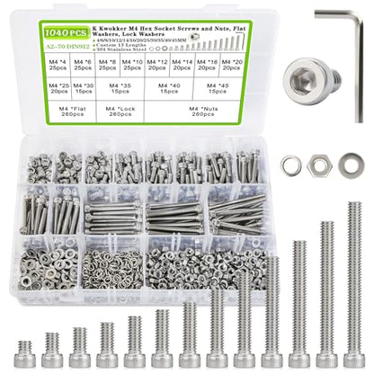 1040PCS M4 Nuts and Bolts Assortment Kit 4mm-45mm, 304 Stainless Steel M4 Screw Assortment, Hex Socket Head Cap Machine Screws Bolts and Nuts Kit Silver 4/6/8/10/12/14/16/20/25/30/35/40/45mm - size: B.M4