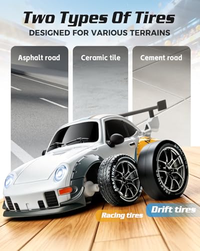 RC Drift Car, White 1/24 Remote Control Drift Car for Adults Kids | 4WD 20KM/H High Speed RC Sports Cars with LED Lights, Extra Racing Tires, Vehicle for Boys Beginners Indoor Outdoor