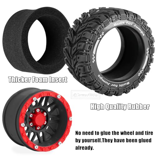 RC Wheels and Tires for 1/16 Scale,RCarmubWow Plastic Rim Rubber Tires for 1/16 Summit E-Revo Gorgon Grom,Mini Kraton 3S, M-J-X16207-16210, H-B-X16889 16890,S-C-Y16101-16106 RC Truck,Black&Red - color: Black W/Red(4pcs)