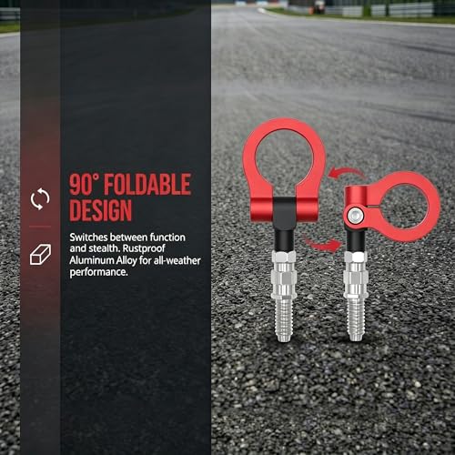 Car Front Bumper Tow Hook, Rustproof Aluminum Alloy Track Racing Style Tow Hook Ring, European Thread Screw-On Trailer Ring Eye Tows Hooks Kit, Universal Towing Trailer Puller for Cars(Red)
