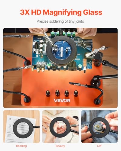 VEVOR Magnetic Helping Hands Soldering Station, Third Hand Soldering Tool with Gooseneck LED Magnifying Lamp, 4 PCB Holders & 360 Hot Air Gun Holder for Electronic Repair Craft Hobby - style: with Heat Gun Holder