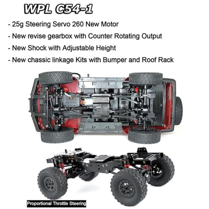 HLSFWDRIVE WPL C54-1 RC Crawler 1/16 RC Truck Off Road RTR | RC Rock Crawler 4x4 All Terrain Proportional Control 260 Motor Upgraded Chassis Counter Rotating Gearbox Hobby Toy Adult