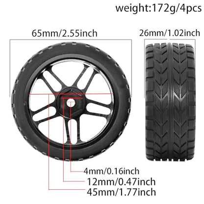 REDSPIDER RC Soft Rubber 1/10 On Road Tires 4PCS for Traxxas 4 Tec 2.0 Tamiya TT01 XV01 Kyosho WR8 Sakura WLtoys HPI HSP 1:10 RC Scale Touring On Road Racing Car Wheel Rims (Black) - color: Black