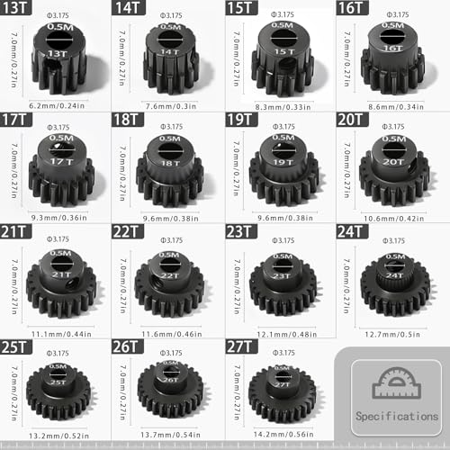0.5M Pinion Gear 18T 19T 20T 21T 22T Hardened Steel 3.175mm Bore with 2.3mm Adapter Shaft, Gear for ARRMA 1/14 Typhon 1/16 Mojave 1/18 Granite, Losi 1/12, 0.5Mod Gear 13T-27T for HOBBYWING Motors - size: 18 19 20 21 22T, style: 5 Gears +5 Shafts Set