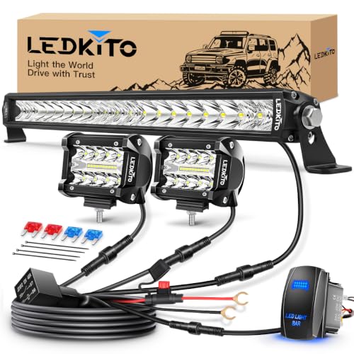 22In LED Light Bar+4In LED Cube Pod Lights with Wiring Harness Kit | Spot Flood Combo Single Row Straight Off Road Driving Work Light Bar 3Pin Rocker Switch for Je-ep Pickup Golf Car Tractor GMC