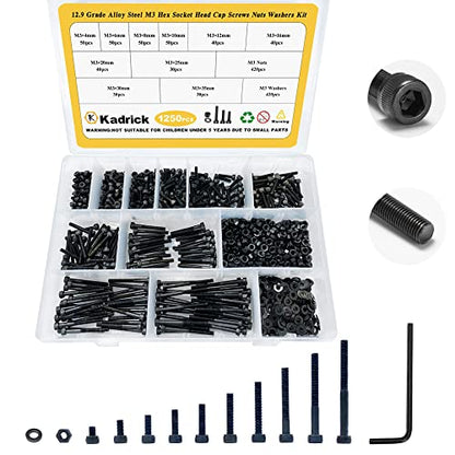 Kadrick 1250 Pcs M3 Screws and Nuts Assortment M3x4MM-35MM, Hex Socket Head Cap Metric M3 Machine Bolts Kit, 12.9 Grade Alloy Steel,Anti-Rust Up Graded,Black Zinc Plated,Free Allen Head Wrench - size: M3 1250Pcs